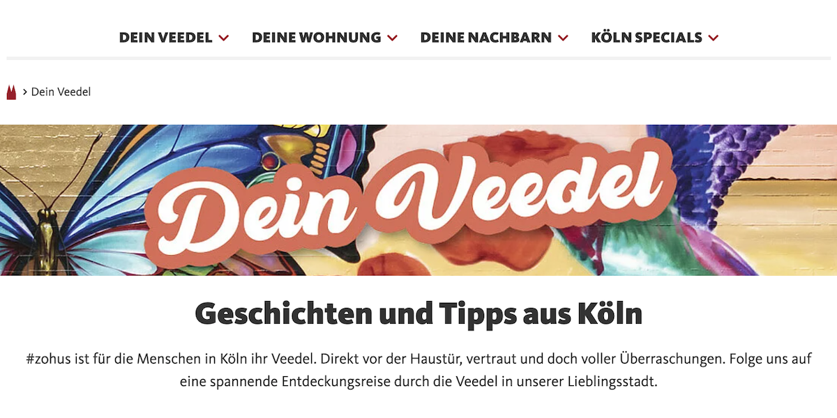 Screenshot der zohus.de Startseite mit dem Titel: Dein Veedel. Geschichten und Tipps aus Köln.